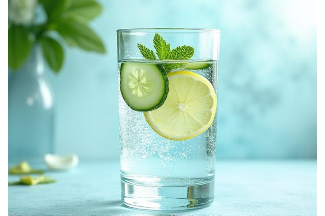 Vaso de agua con rodajas de limón, simbolizando hidratación