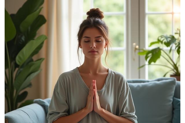 Mujer meditando en un entorno tranquilo, simbolizando manejo del estrés